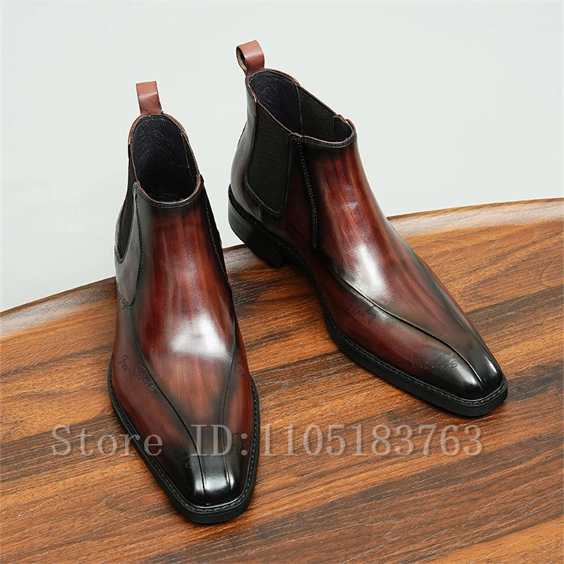 British Style Men Genuine Leather Chelsea Boots Luxury Handmade Print Dress Boots Formal Business Wedding Party High Top Shoes