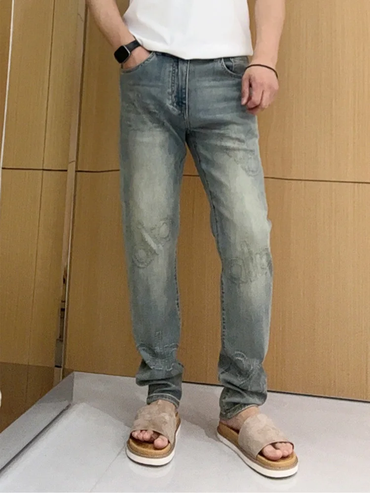 

Blue Vintage Men's Jeans Summer Trendy Slim Fit Casual Straight Leg Pants Comfortable Washed Effect mid Waist Zipper Fly