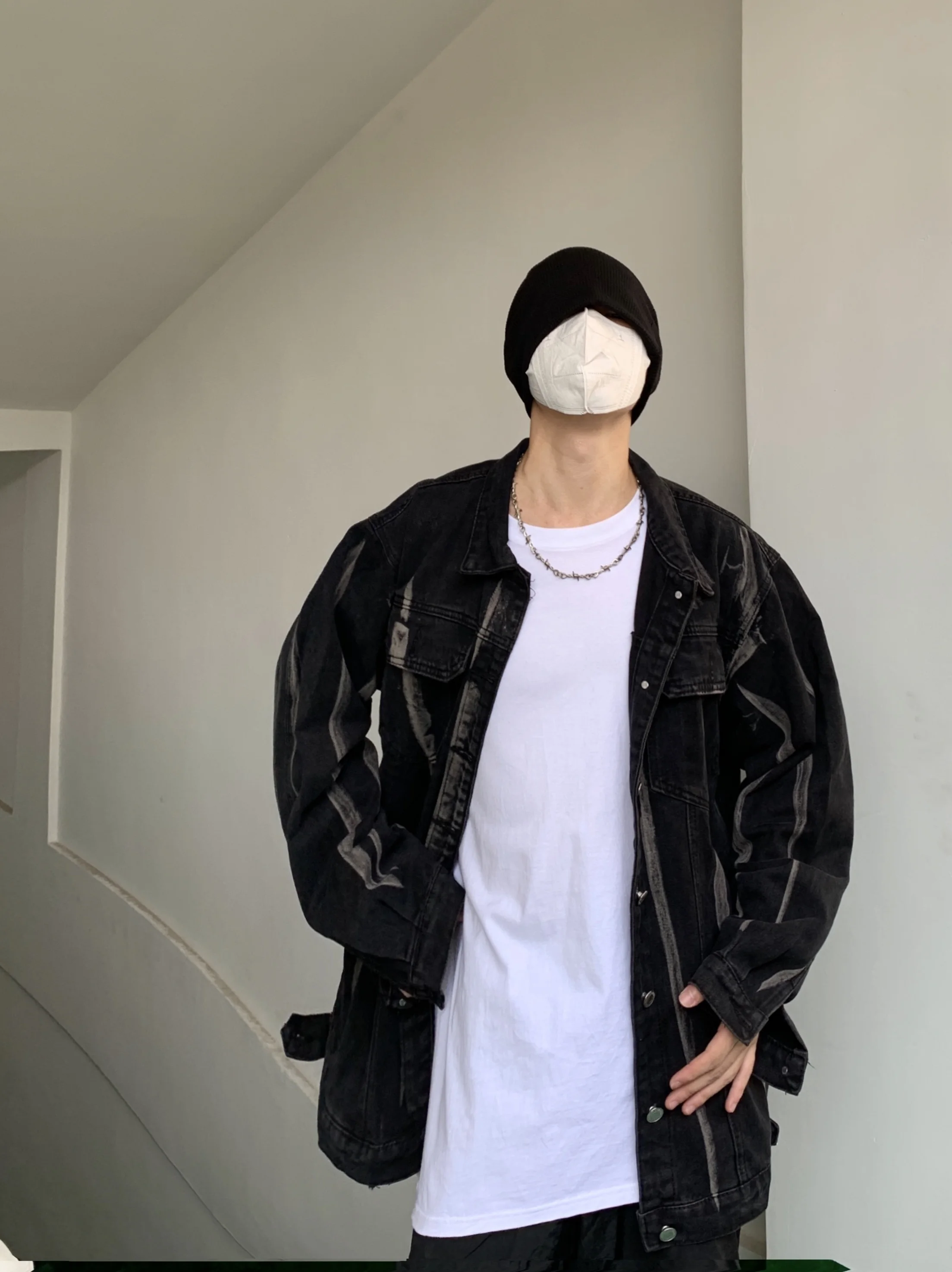 

k Street Sle Men's Denim Jaet Autumn High Street Waed Tie Dye Workwear Jaet Trendy Long Sve Flip Collar Coat