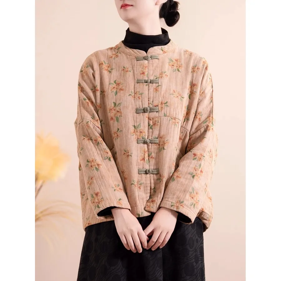 الرجعية الصينية Sle الأزهار طباعة خفيفة الوزن القطن Jaet ort ملابس خارجية الخريف الشتاء حجم كبير جديد الصينية Sle الوقوف C... #2