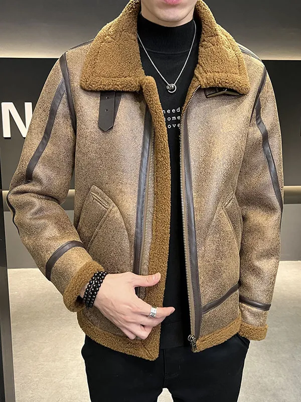 

Мужская зимняя байкерская куртка с меховым воротником из ягненка, кожаное бархатное пальто, теплое молодежное повседневное пальто на молнии, верхняя одежда