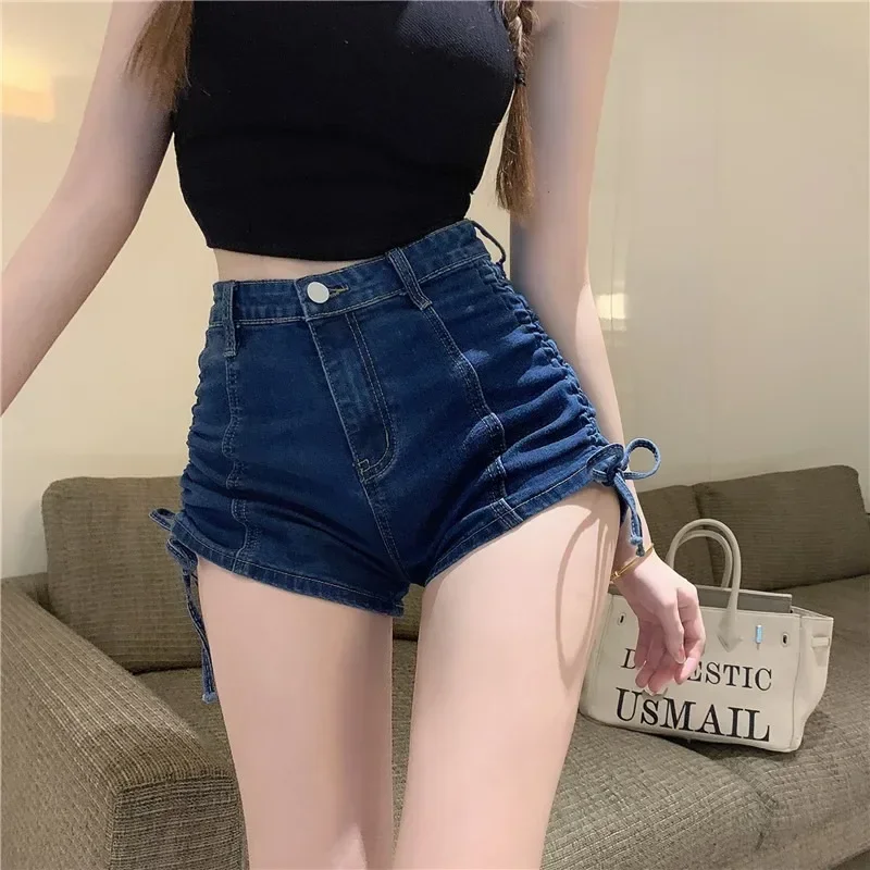 Moda femenina, pantalones cortos informales y geniales para mujer, pantalones cortos de mezclilla con botín, pantalones cortos vaqueros con cordón