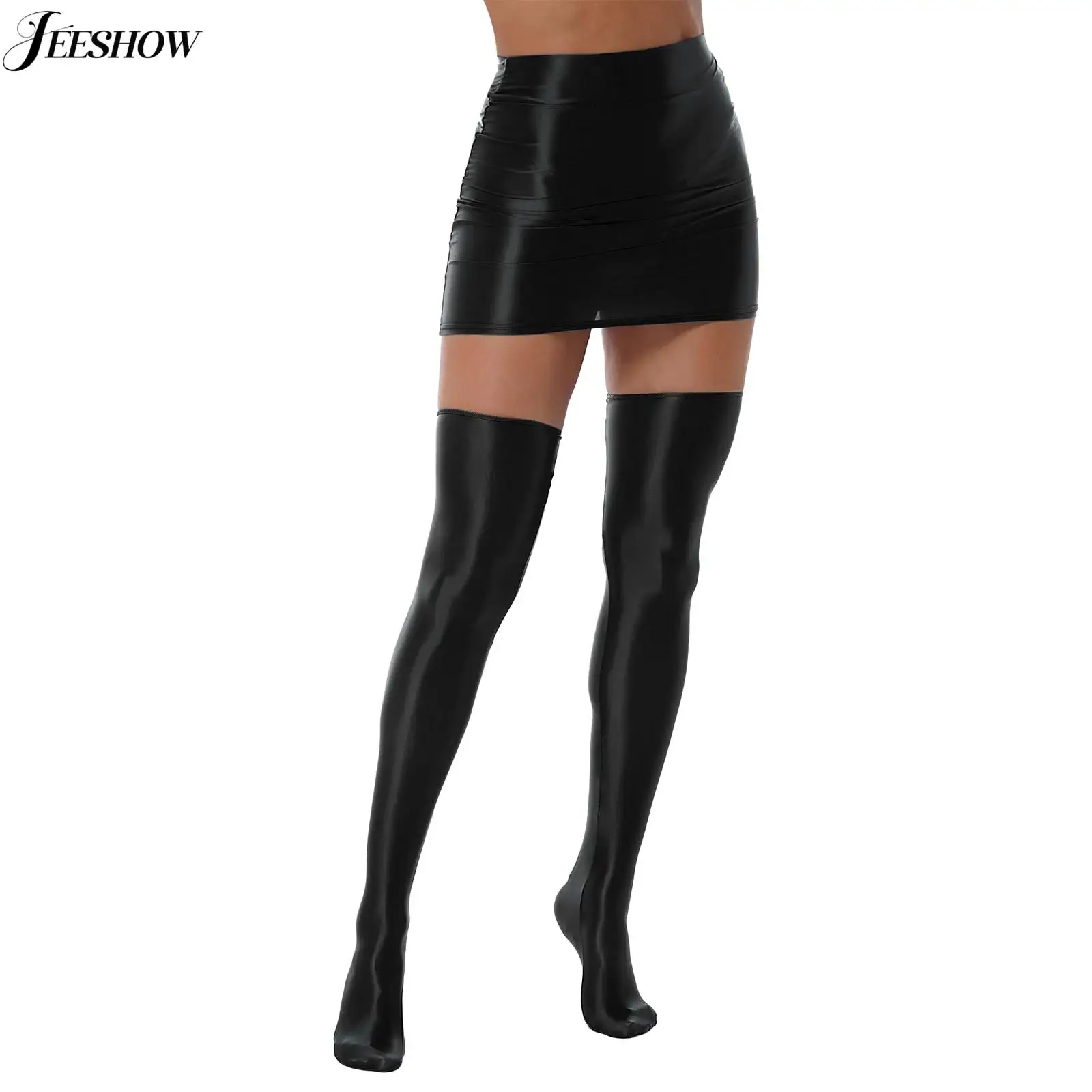 

Womens Glossy High Waist Mini Skirt with Thigh High Stockings Stretchy Bodycon Micro Pencil Skirts Rave Dance Party Outfits