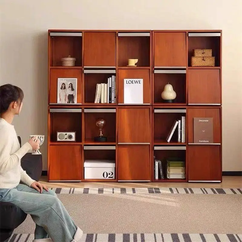 Nordic retro bookcase combination cabinet solid wood magazine bedroom display cabinet lattice locker floor-to-ceiling