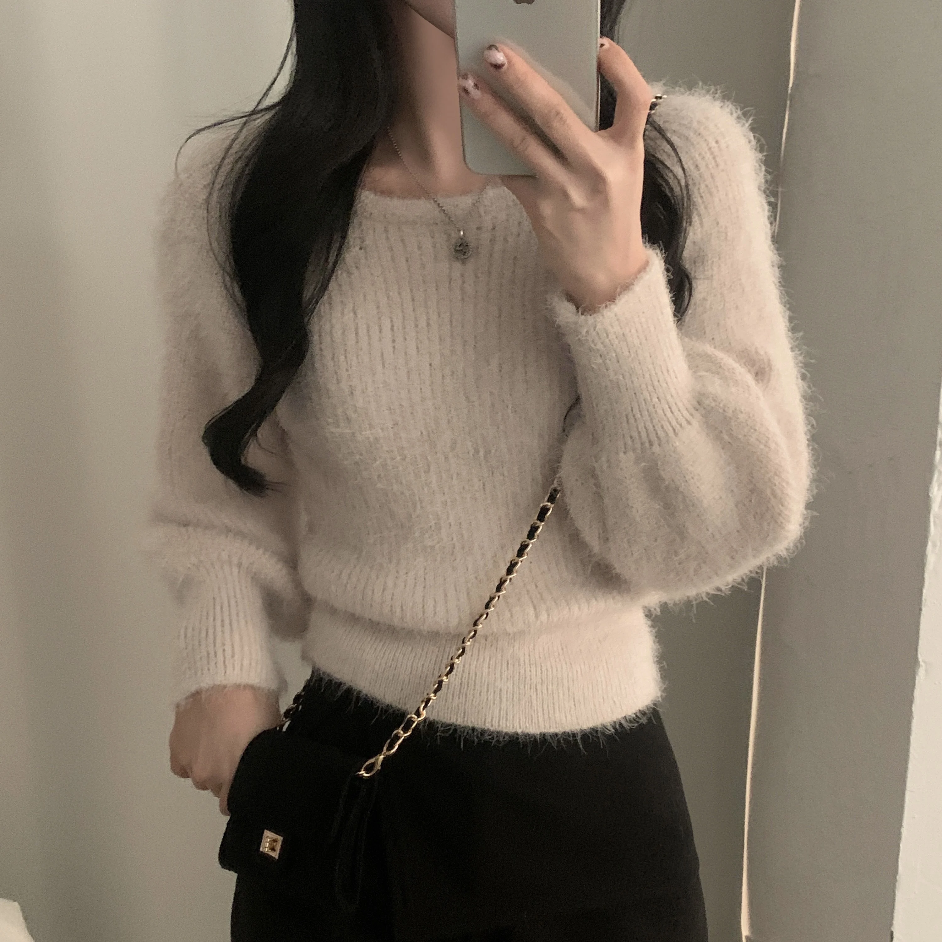 

REALEFT осенне-зимние вязаные женские свитера, новинка 2025, с рукавами-фонариками и квадратным воротником, корейский трикотаж, свободные пуловеры, женские топы