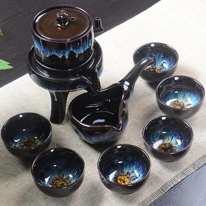 

8Pcs/Set Shajin Glazed Tea Pot Cup Set Porcelain Lazy Semi-automatic Tea Sets Kungfu Tea Tool Chinese Style Kitchen Teaware