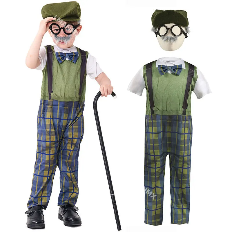 Kids Child Grandpa Old Man Costume Kit for Boys Short Sleeve Green 4-6Y 6-8Y 8-10Y 10-12Y Old Timer Child