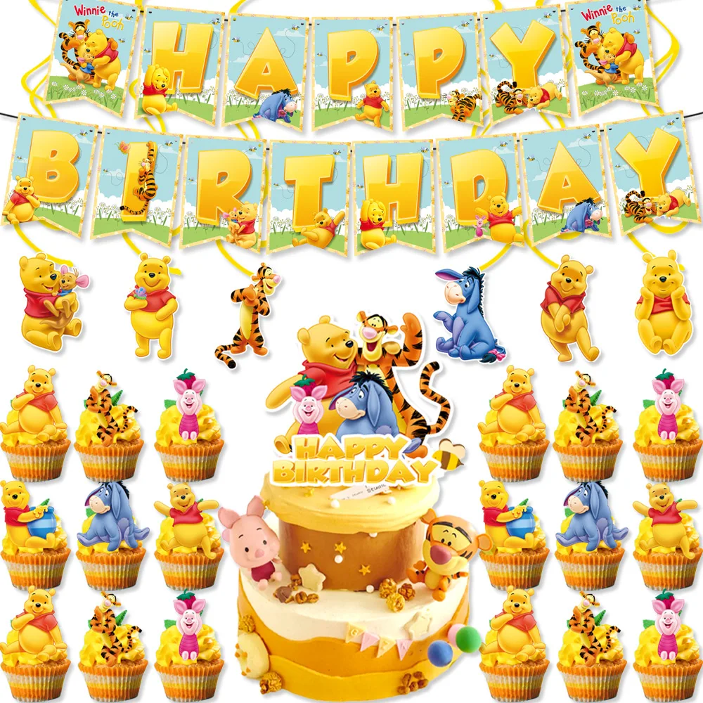 

Disney Winnie For Pooh Theme Disposable Birthday Party Decoration With Cake Cupcake Topper Banners For Baby Shower