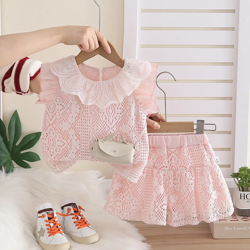 Girls' Set 2026 Spring and Summer New Children's Wear Korean Style Girl Baby Foreign Hollow Lapel Sleeveless Two-piece Set