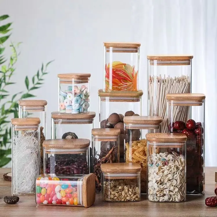 Kitchen Square Mason Jar with bamboo Cover For Spices Glass Container Glass Jars With Lids Jar Kitchen Jars And Lids Wholesale