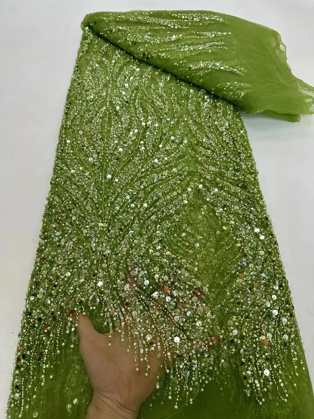 

2025 Luxury French Mesh Embroidery Beaded Lace Fabric African Nigerian Sequins Lace Fabric For Wedding Dress Sewing Material