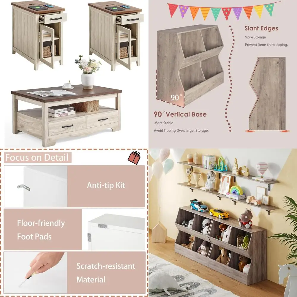 LINSY HOME Farmhouse Style 3-Piece Coffee Table Set: 41 Table with 2 Matching End Tables, Washed Wood Finish