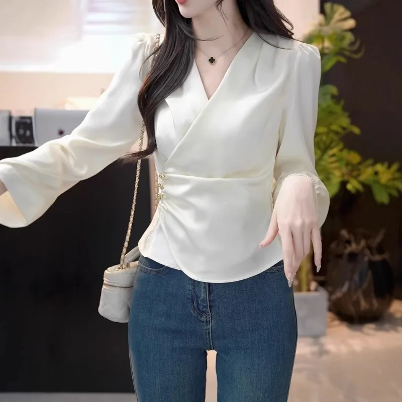 

Тонкая дизайнерская рубашка с длинными рукавами и v-образным вырезом, облегающая талию, новинка весны 2024, новинка для женщин