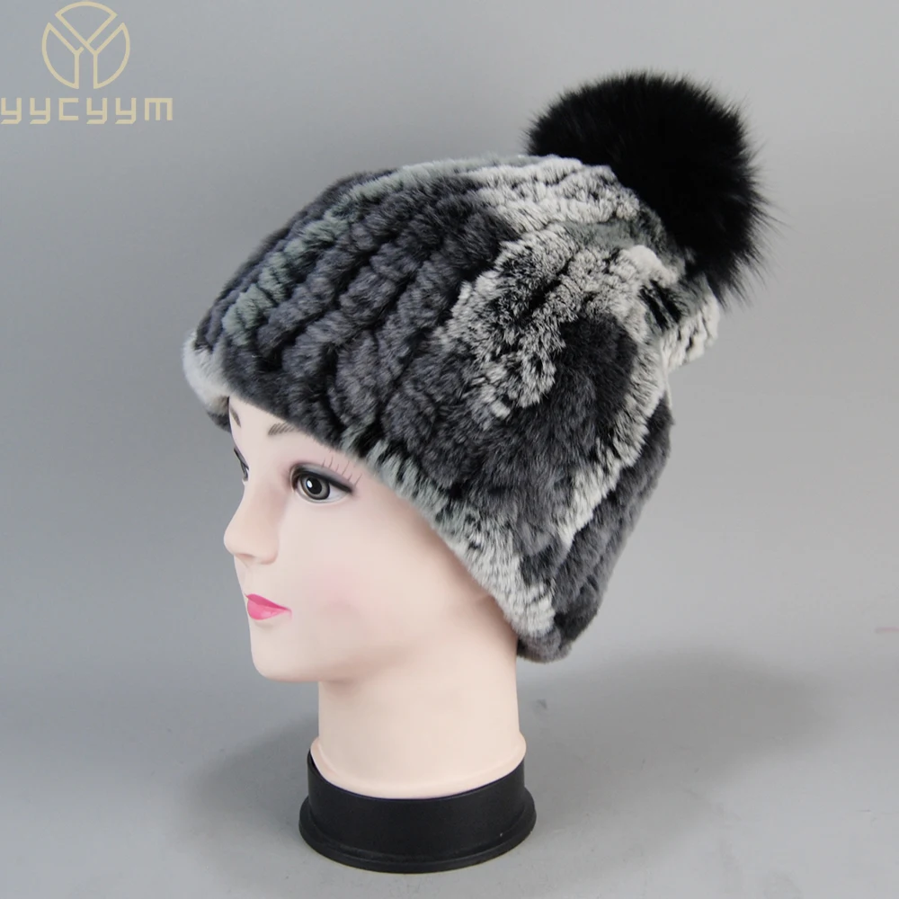 

New Style Big Fox Fur Pompoms Real Fur Beanies Hats Women Good Elastic 100% Natural Rex Rabbit Fur Cap Lady Winter Warm Fur Hat