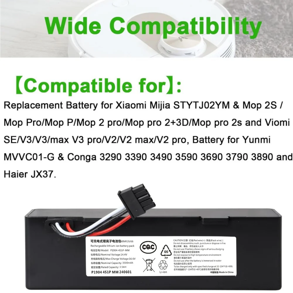 Replacement 14.8V 3500mAh Battery 18650 4S1P for Xiaomi Mijia LDS Mi Robot Vacuum-Mop P Mi Mop 2S/Haier JX37 Vacuum Cleaner