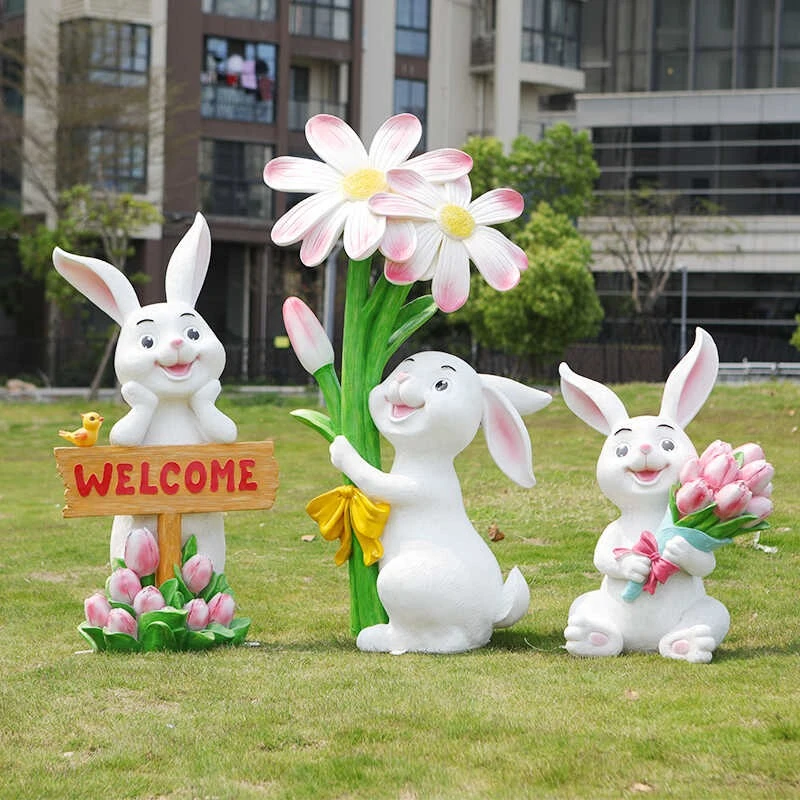 Cartoon rabbit fiberglass sculpture outdoor kindergarten forest garden community courtyard lawn flower pot flower tank ornament