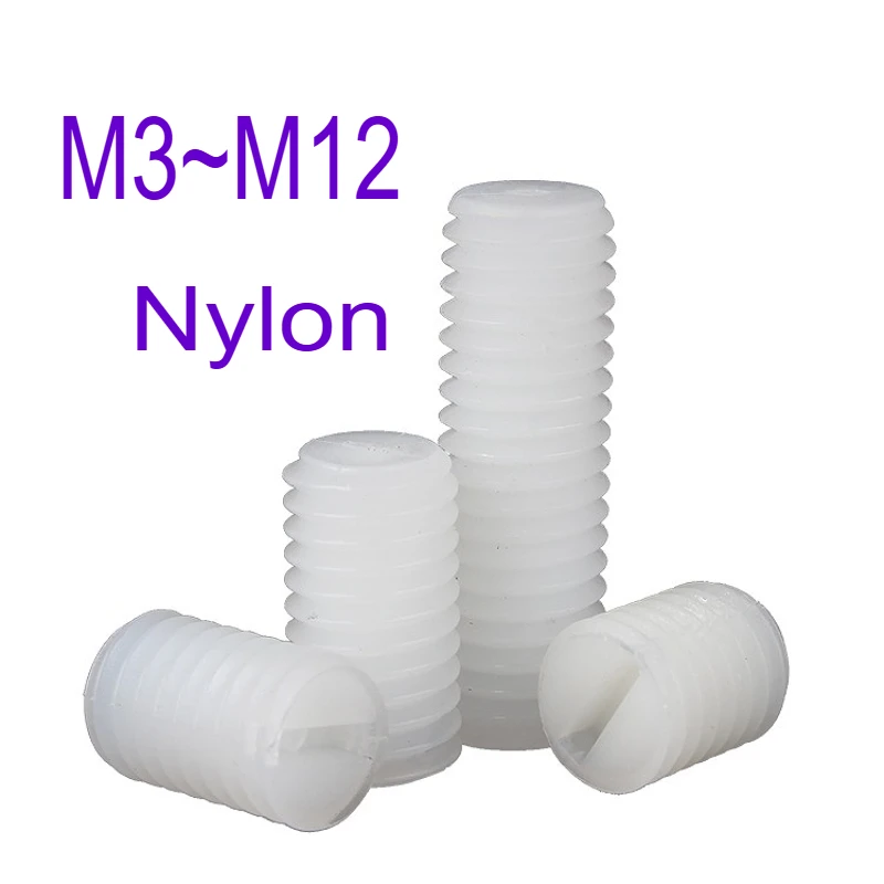 M3 M4 M5 M6 M8 M10 M12 White Nylon Cylindrical Head Bolt Plastic Insulated Slotted Flat Point End No Head Headless Grub Screw