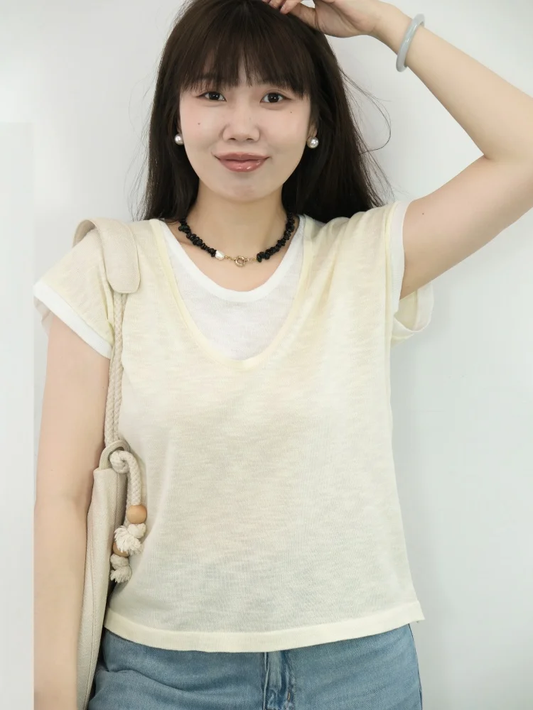 

LADYXIEXIE52 88 Linen ort Sve Knitted Top Women's Fake Two-Piece Patchwork Casual Loose Fit Breathable Summer