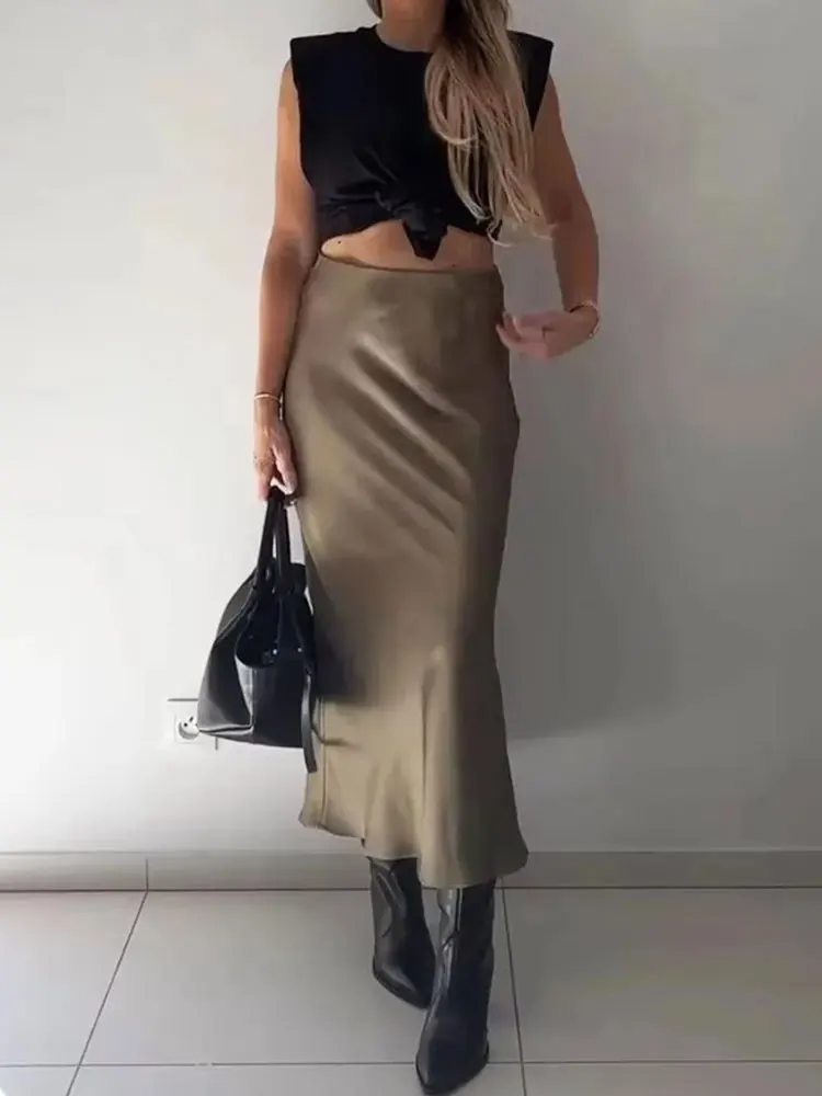 TRAFZA Women Fashion Vintage Solid Skirt Satin Slim Elastic Waist Midi Skirts Office Lady Wear Elegant Woman Chic Mermaid Skirt