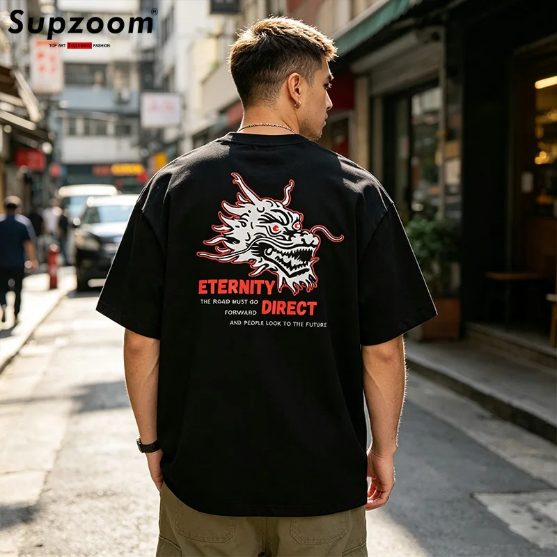 Supzoom 2026 New Arrival Top Fashion Knitted Cotton Casual Dragon Print T Shirt Tshirt Homme Hip Hop Short Sleeve O-neck
