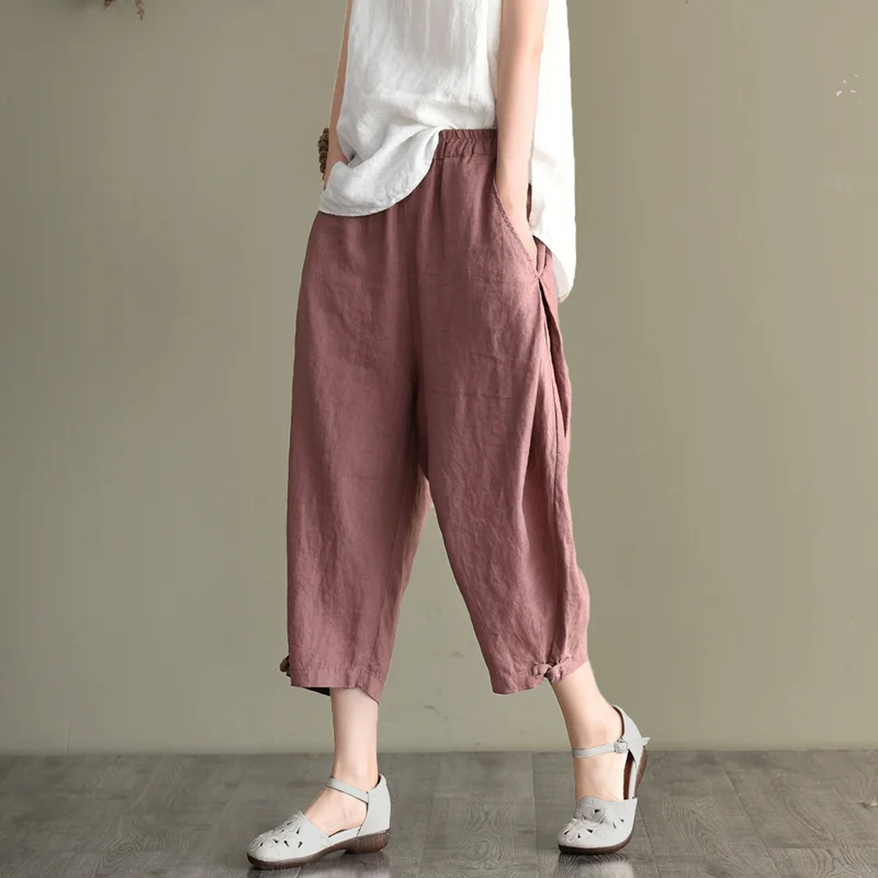 Retro Artistic Lantern Pants Loose Slimming Harlan Nine-Piece Women's Cotton Linen Blend Casual Trousers High Waist Commute S...
