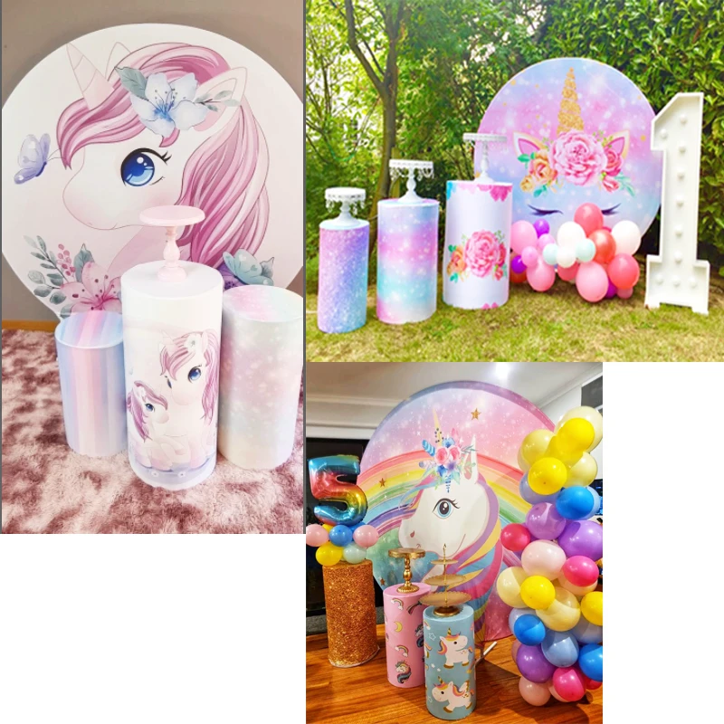 Unicorn Theme Cylinder Covers Party Decorations Plinth Pedestal Cover Baby Shower Birthday Desserts Tablecloth Stretch Cloth