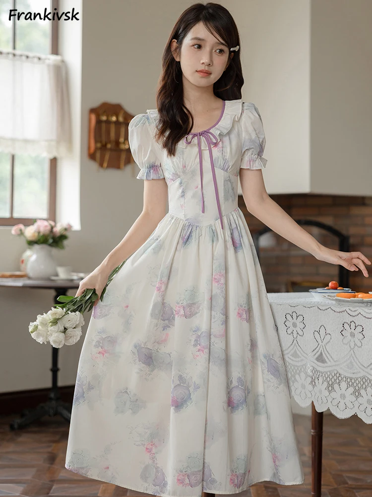 Robe mi-longue à manches papillon pour femme, nœud floral, slim, style français, doux, mode, populaire, hipster, taille haute, été