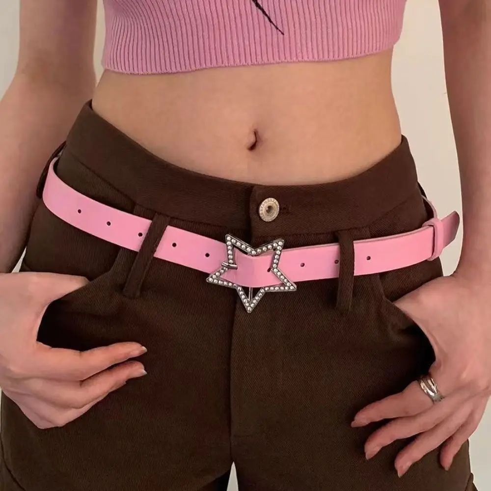 

Rhinestone Pentagram Pin Buckle Leather Belt Versatile Y2K Waistband Luxury Design Thin Waist Strap For Women Girls