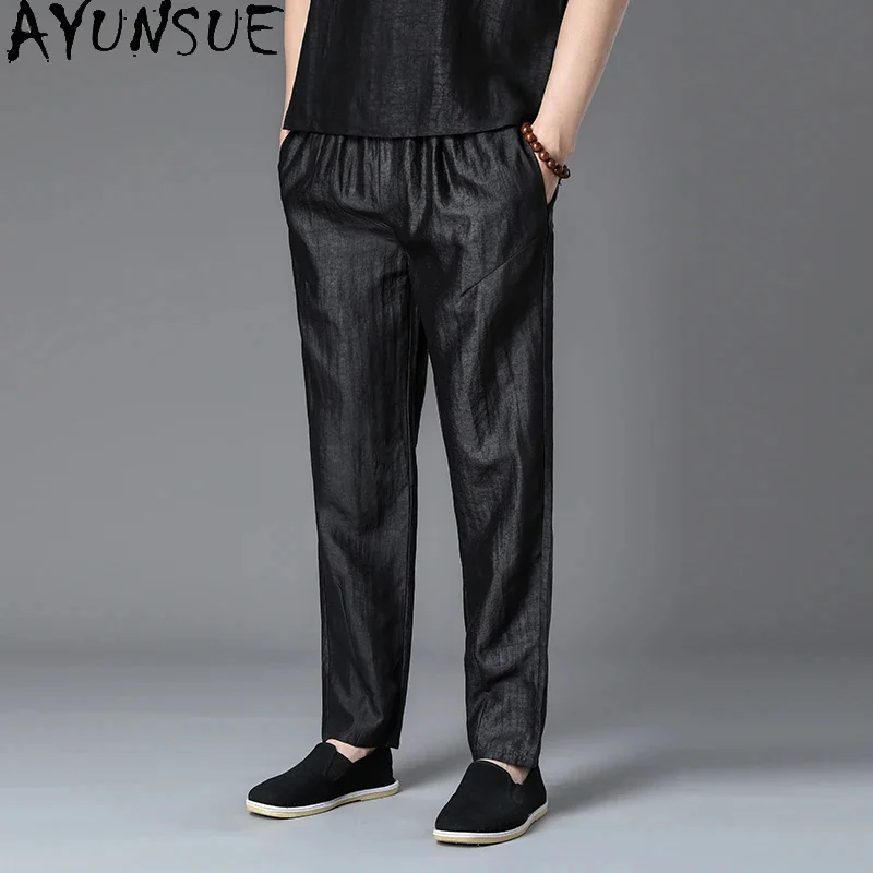 AYUNSUE 100% Mulberry Silk Harem Pants High Quality Men Clothing Summer Casual Straight Trousers Loose Fit Ropa Hombre