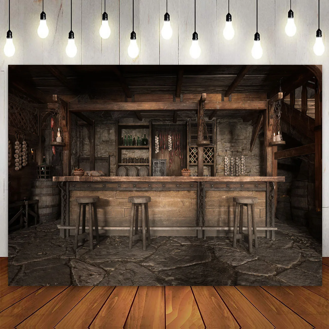 Western Medieval Fantasy Room Tavern Backdrop Vintage Bar Counter Wooden Country Pub Cowboy Wild West Party Decor Background