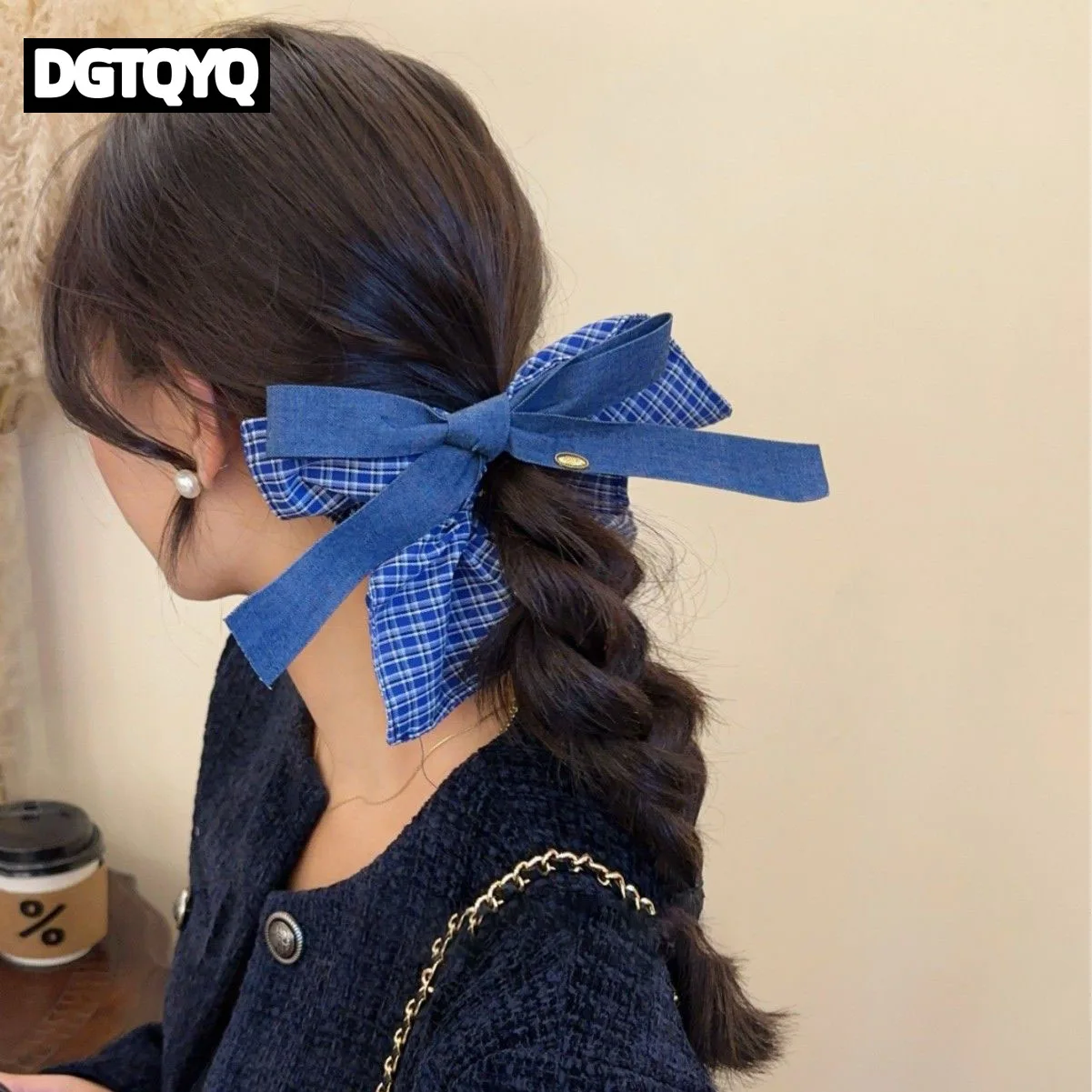 

DGTQYQ джинсовое синее клетчатое квадратное полотенце с бантом, повязка для волос с толстой кишкой, женственные квадратные аксессуары для волос, резинка на голову