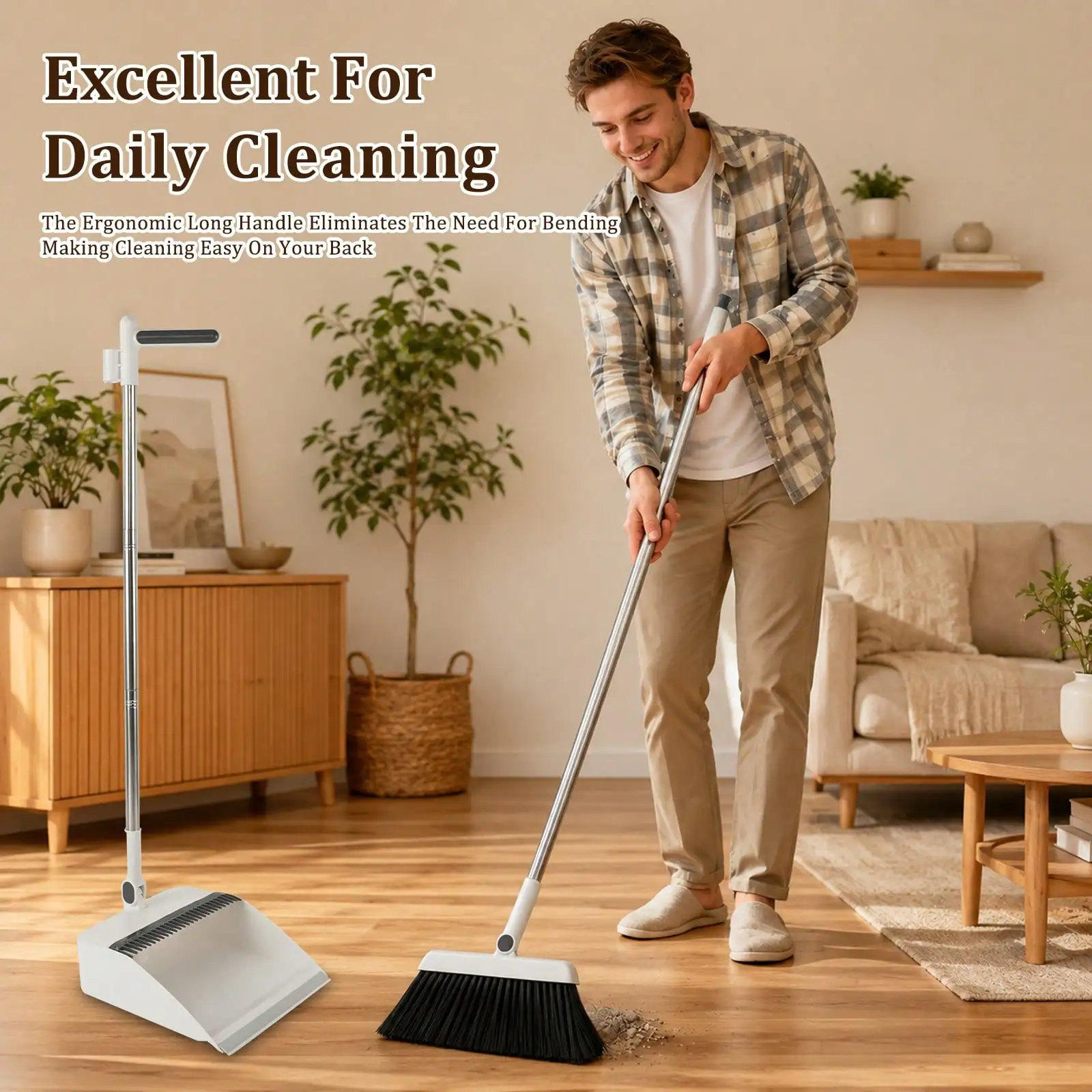 Upright Broom And Dustpan Set For Home Cleaning, Long Handle Sweeping Brush With Built-In Comb Teeth, Space Saving Standing Dustpan Kit sh260728174761941938207