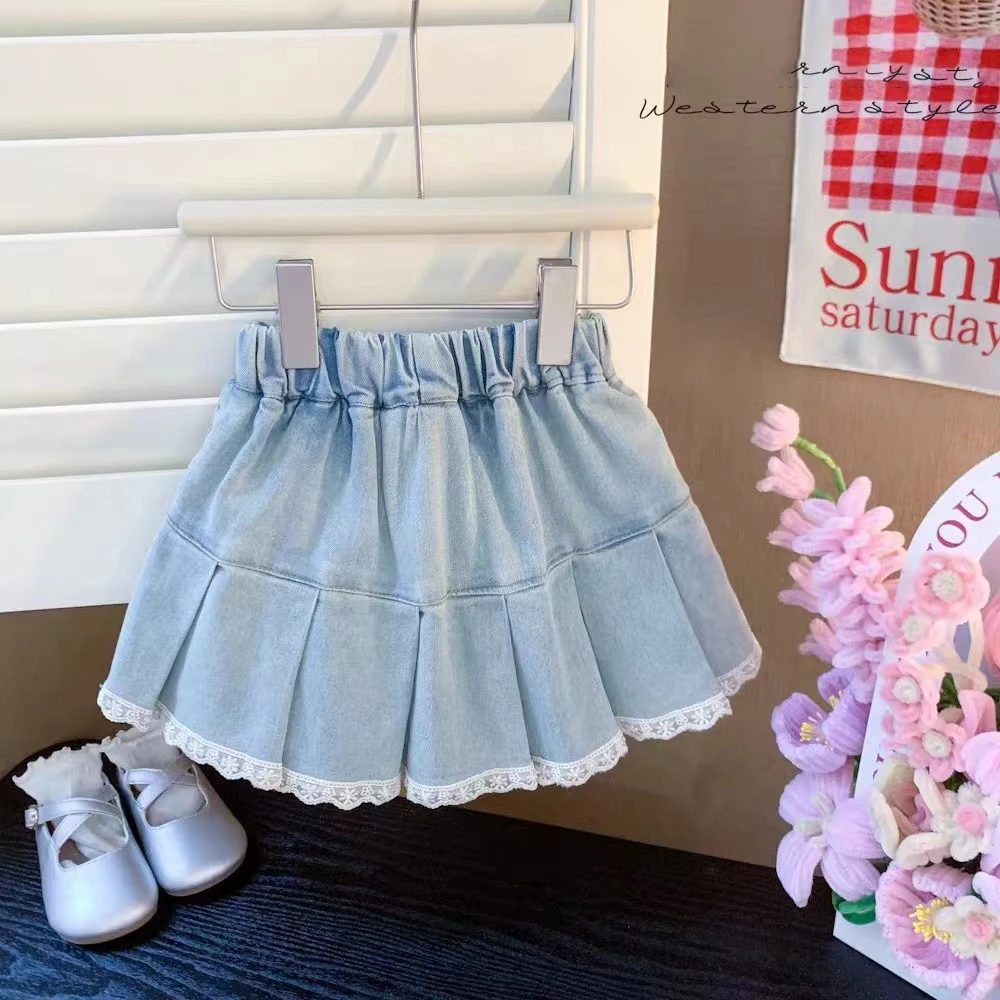 Sweet Girls Bow Denim Skirts 2024 Summer Korean Style Elastic Waist Lace Edge A-line Skirt Kids Blue Jean Skirts Children Clothe