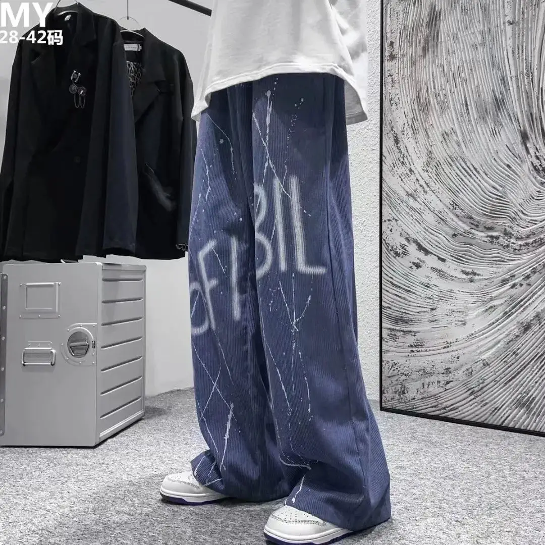 Y2k Fashion Autumn Splash-Ink Pants Men's Hong Kong Trend Corduroy Casual Loose Straight Tube Hip Hop High Street Drop Mop Pants