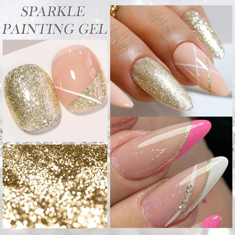 BORN PRETTY Sparkle Painting Gel 5ml Glitter Bright Gel Nail Polish Super Gold Silver Effect Drawing Line French Nail Varnish