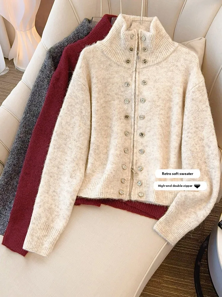 

Женский вязаный кардиган на двойной пуговице с высоким воротом, осенне-зимний, больших размеров, на молнии, модный хит