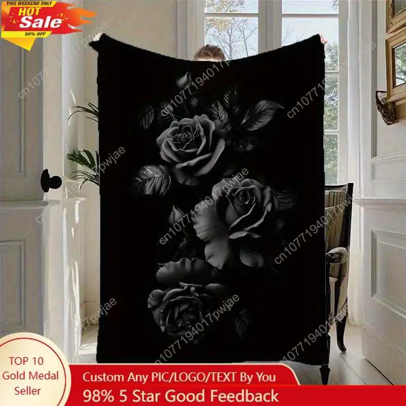 

Black Rose Theme Printed Fleece Blanket - Soft and Warm Suitable for Sofa Bed Camping Machine Washable Custom blankets