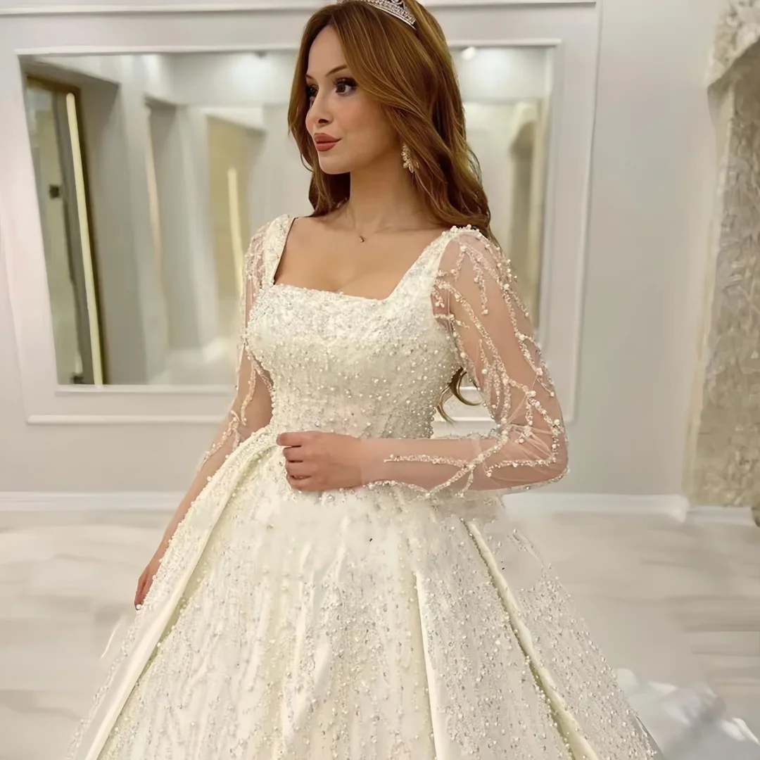 

Customized Grace Wedding Dresses Embroidered Lace Beading Princess Ball Gown Square Collar Full sleeve Bride Vestido De Novia