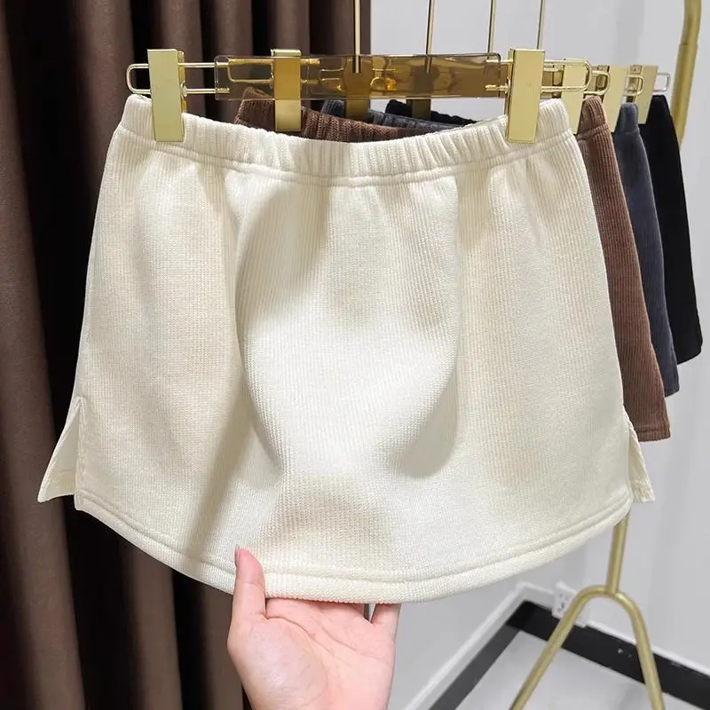 Women's Corduroy Sweatshirt Thickened Fleece High Waist A-Line Skirt Half-length Autumn Winter Fashion Commute Pure Color