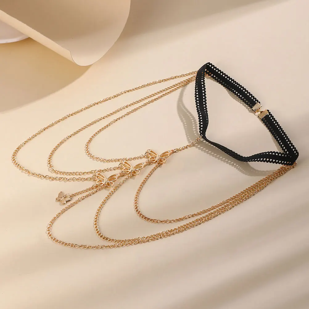 Corrente elástica sexy para coxa, joias multicamadas para pernas, borboletas, corrente corporal, boate, festival, festa, correntes corporais para mulheres