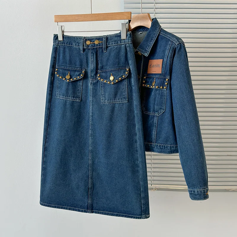 Women Denim Two-piece Suit Largesize Casual Skirt Sets Retro Jean Jacket Short Coat And A-line Skirt 2-piece Sets Spring Autumn