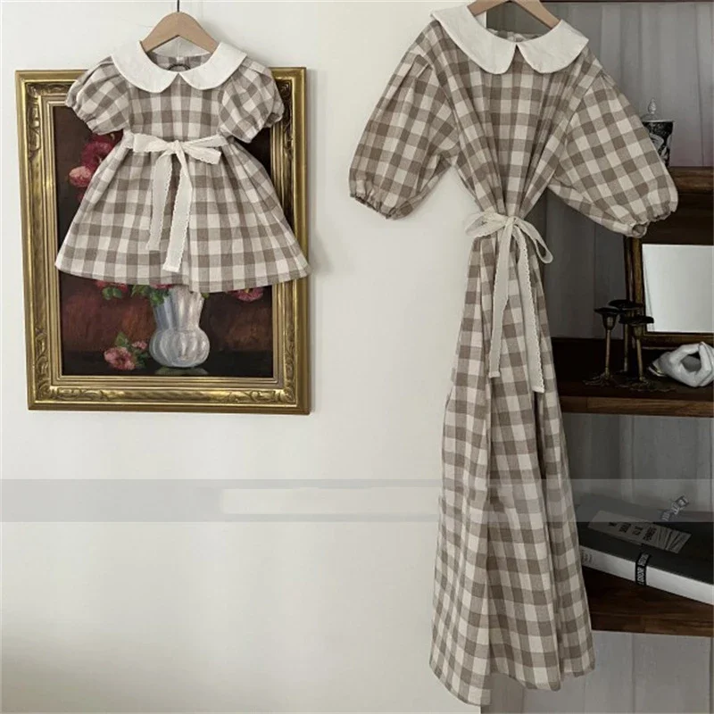 

Summer Mother-daughter Dress Girl Korean Doll Collar Bow Belt Parent-child Dress Mommy and Daughter Matching Clothes New