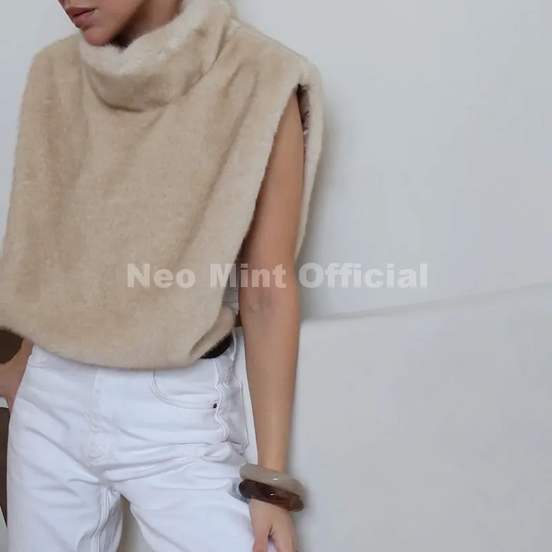 Neo Mint 2025 Brand Fashion Faux Fur Sable Vest Crop Top Autumn Winter Turtleneck Eco Mink Fur Tank Tops Sleeveless Jacket Coat