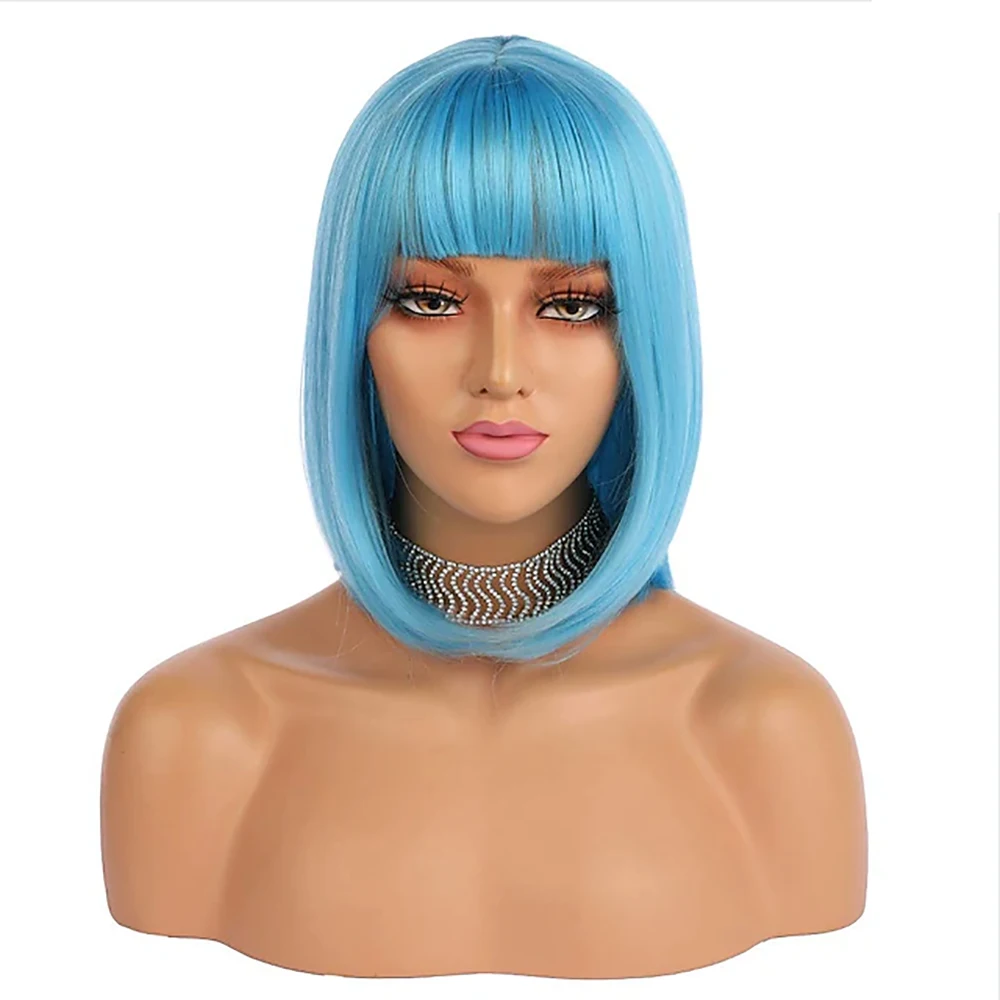 HAIRJOY Synthetic Short Bob Hair Wigs Straight with Flat Bangs  Colorful Cosplay Daily Party Wig for Women image 2
