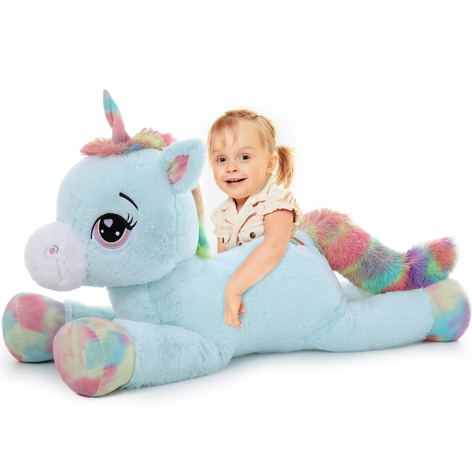

MorisMos Peluche Unicornio Niña Grande, 110cm Azul Unicornio Gigante, XXL Arcoiris Unicornio Peluche Grande, Kawaii Suave Animal