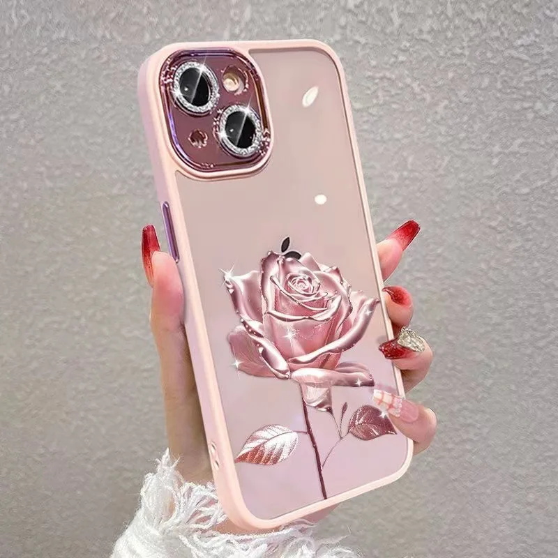 Sparkling Rose Transparent Phone Case For iPhone 16 15 14 Plus 13 12 11 Pro Max Anti-drop Stylish Shell With Glitter Lens Film