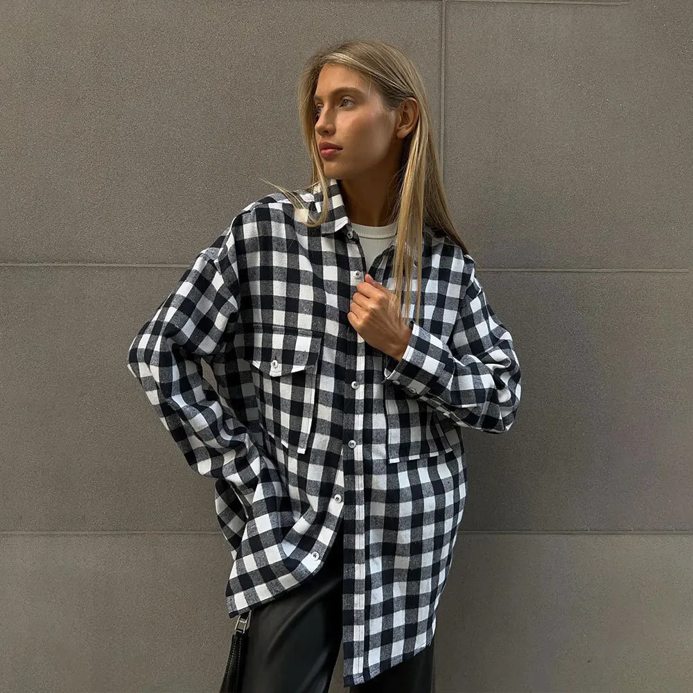 Checkered Shirt for Women Double Pocket Striped Clothing Mid Length Autumn and Winter New Women\'s Clothes Leisure Personality