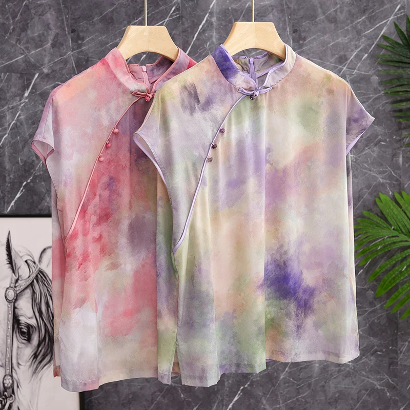 

Retro Chinese Style Silk Blouse Gradient Print Qipao Button up Top Silk Short Sleeve Stand Collar Asymmetrical Design