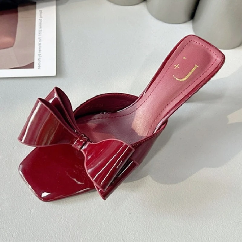 

Luxury Burgundy Bow High Heeled Slippers Women Fashion Square Toe Sexy Party Slides Sandals Elegant Brand Designer Bridal Shoes