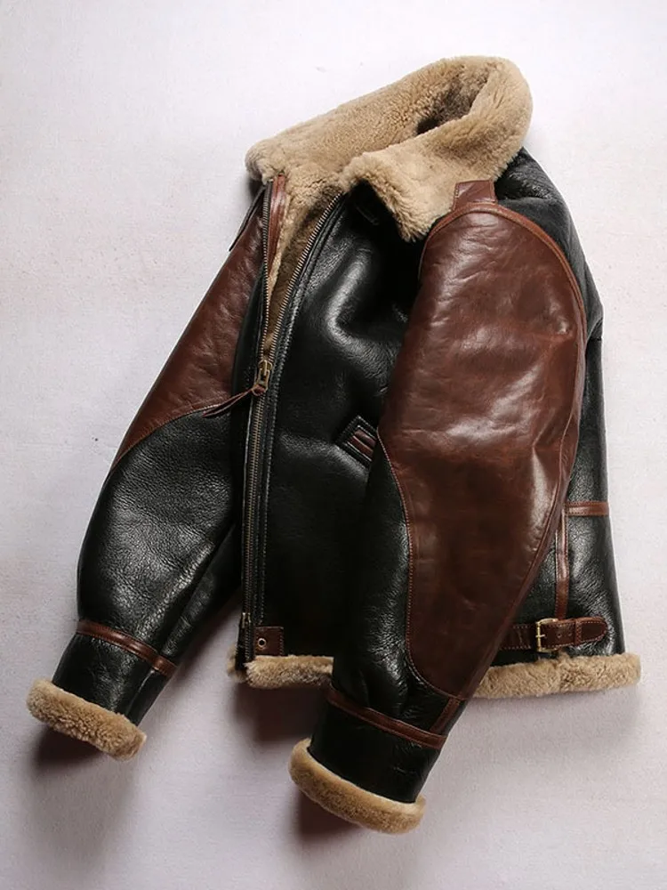 Plus Size 7XL Men Thick Warm Real Fur Lining Overcoat Flight Suit Sheepskin Genuine Leather Jacket Natural Wool Shearling Coat